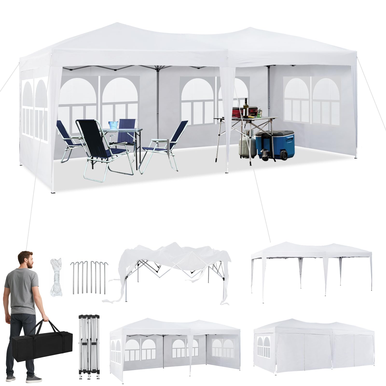 CLIPOP Carpa de jardín de 3 x 6 m con 6 paneles laterales, resistente al agua, anti-UV, con marco de acero resistente y bolsa de transporte para bodas, jardín, fiestas familiares