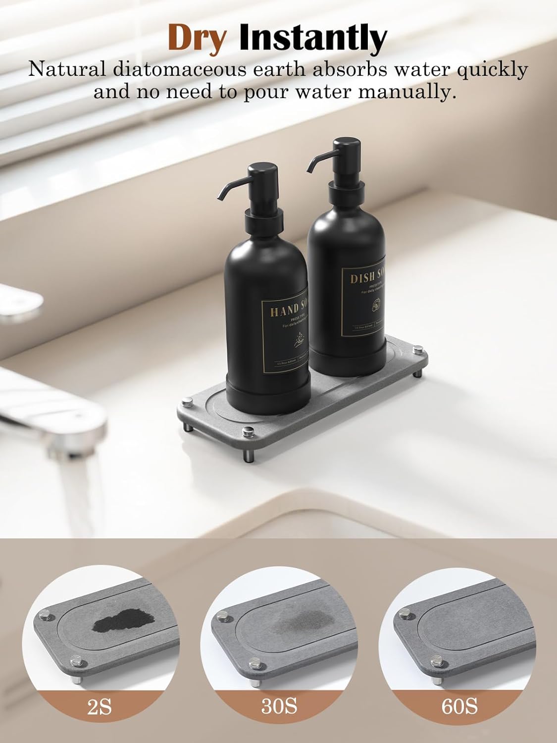 Luxspire Soap Dispenser Set, Hand Soap Dispensers with Fast Drying Tray, 17 oz Glass Refillable Liquid Bottle for Bathroom & Kitchen, Kitchen, 2 Pack, Black + Dark Gray - Image 3