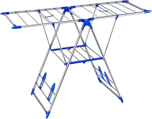 Miniatura 1 de BKTD Tendedero de secado de ropa, 2 niveles de acero inoxidable con clips para calcetines, estante de secado plegable con alas de altura ajustada,