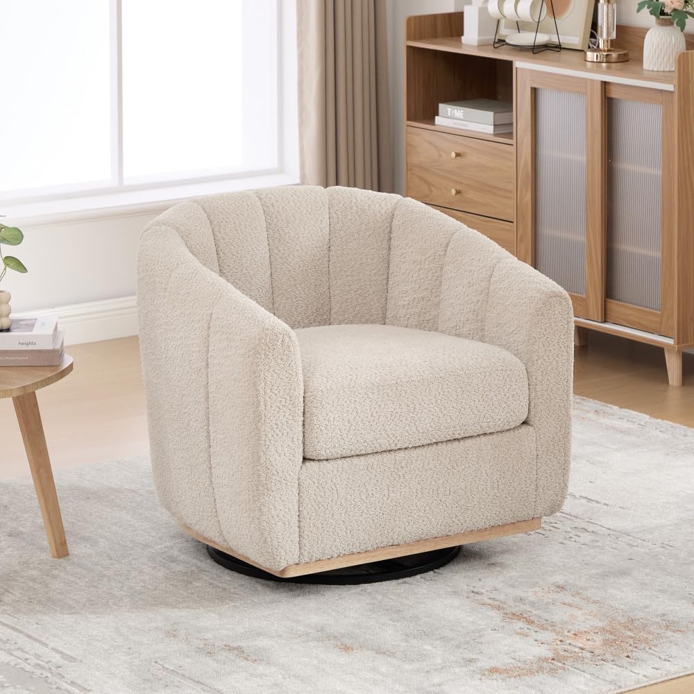 360° Swivel 32.28" Chenille Armchair, Tufted Pumpkin-Shape Metal Base Single Chair for Living Room, Bedroom & Office (Wheat)
