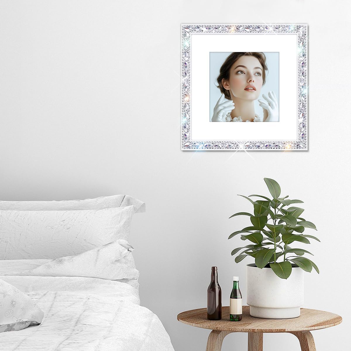 Square 12x12 Solid Wood Bling Picture Frame for Hanging Wall Decor,Display Picture 9x9 with Mat or 12x12 Without Mat,Glitter Sparkle Glass Diamond Rhinestone Lace Poster Photo Frame (White)