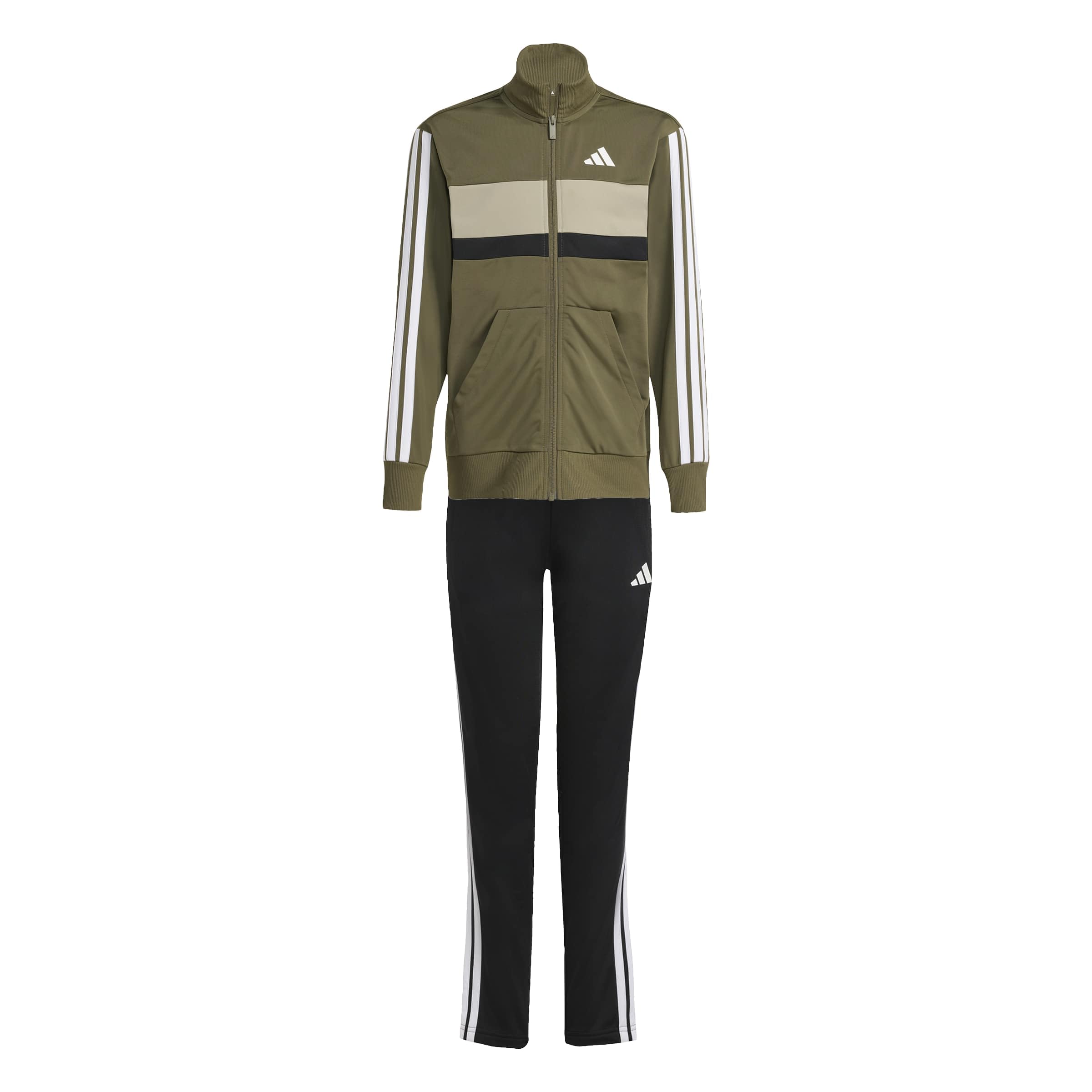 adidas Unisex Kids SEASONAL ESSENTIALS TIBERIO 3 STRIPES TRICOT TRACKSUIT, olive strata/white, 7-8 Years