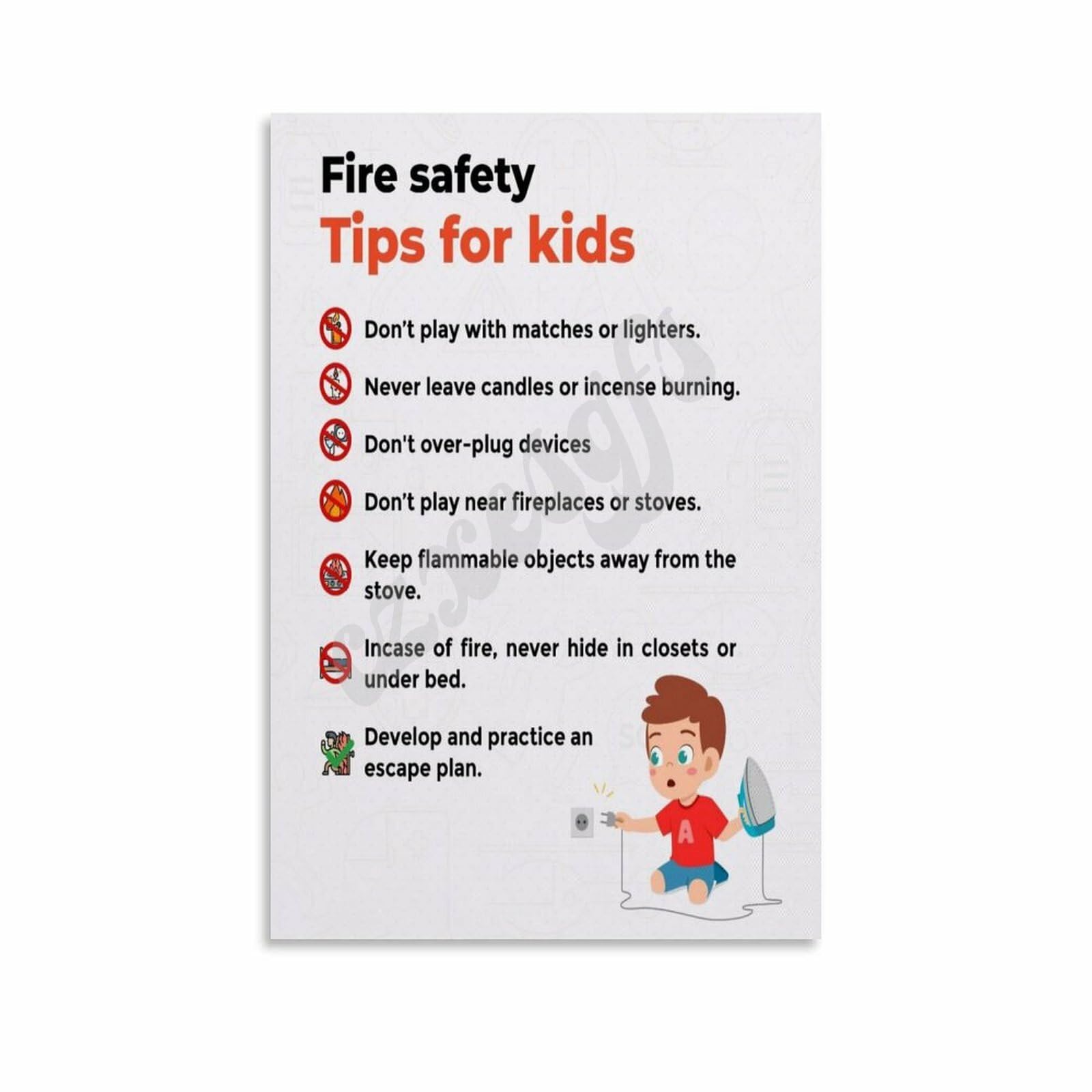 Fire Safety for Kids Poster Home Fire Prevention Chart Wall Art Canvas for Bedroom Living Room Decor 12x18inch(30x45cm) Unframe-style