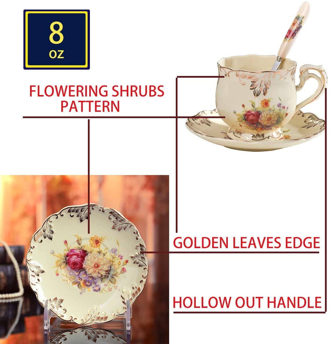 Vintage Rose Retro Porcelana kostna Herbata Kawa Herbata Filiżanki i Spodki z łyżkami i uchwytem na kubek Kwiatowe filiżanki do kawy dla 2 osób