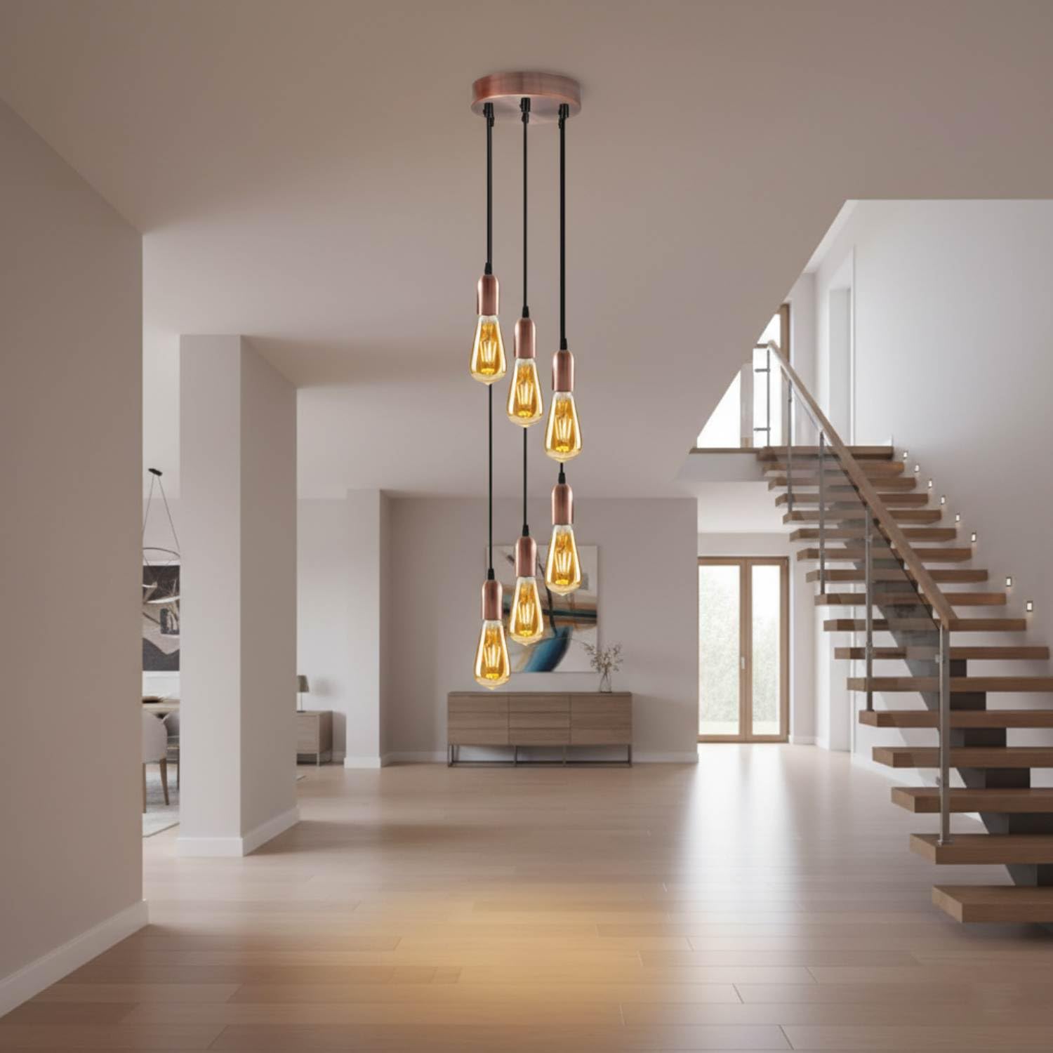 DC VOLTAGE Modern 6-Head Adjustable Ceiling Pendant Light Cluster – E27 Lamp Holder Chandelier with 95cm Adjustable Cable & 12cm Ceiling Plate for Living Room, Dining Room, Kitchen & Hallway