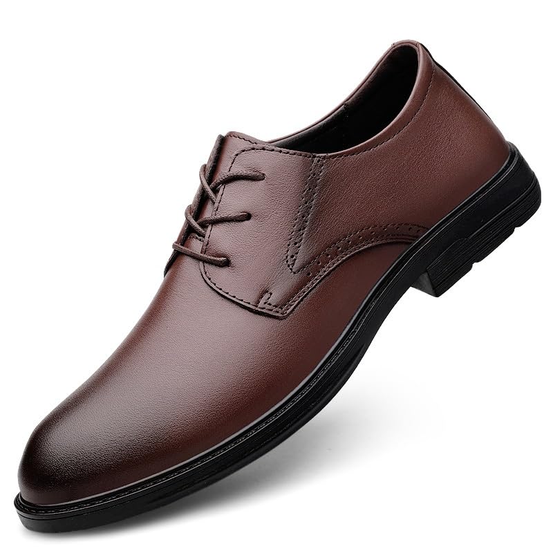 Shoes Dress Oxford for Men Lace Up Round Burnished Toe Leather Derby Shoes Non Slip Anti-Slip Rubber Sole Party