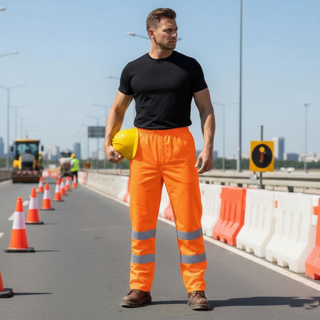 A2Z Hi Vis Wodoodporne spodnie robocze Oxford 300D, taśma odblaskowa, elastyczna talia, do budowy, jazdy na rowerze, pracy szosowej, żółto-pomarańczowe, S-4XL