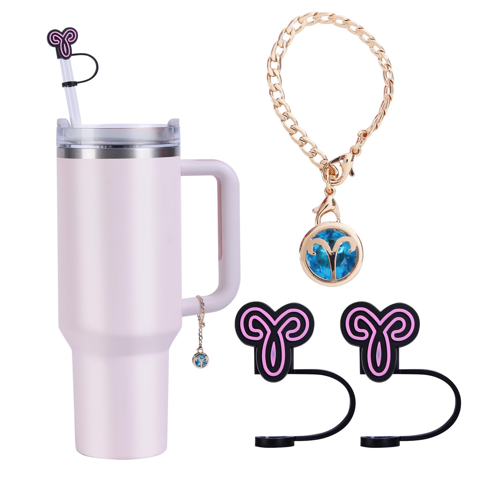 （2+1）2PCS Constellation Straw Cover for Stanley Cup 30&40 Oz 10mm Straw Topper with 1PCS Stanley Cup zircon Accessories Constellation Charms Handle