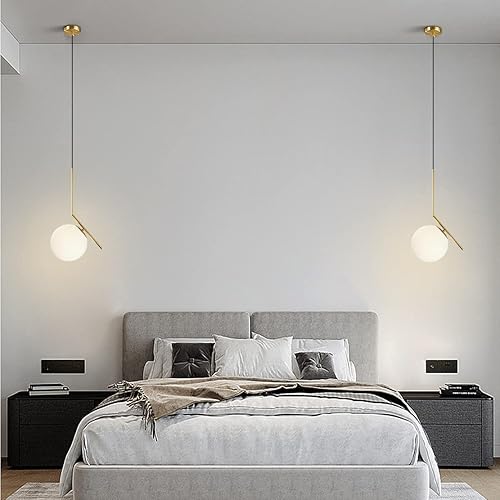 Miniatura 6 de BOKT Lámparas de araña de globo de 1 luz moderna de mediados de siglo, iluminación colgante redonda de bola de vidrio dorado cepillado, lámpara de