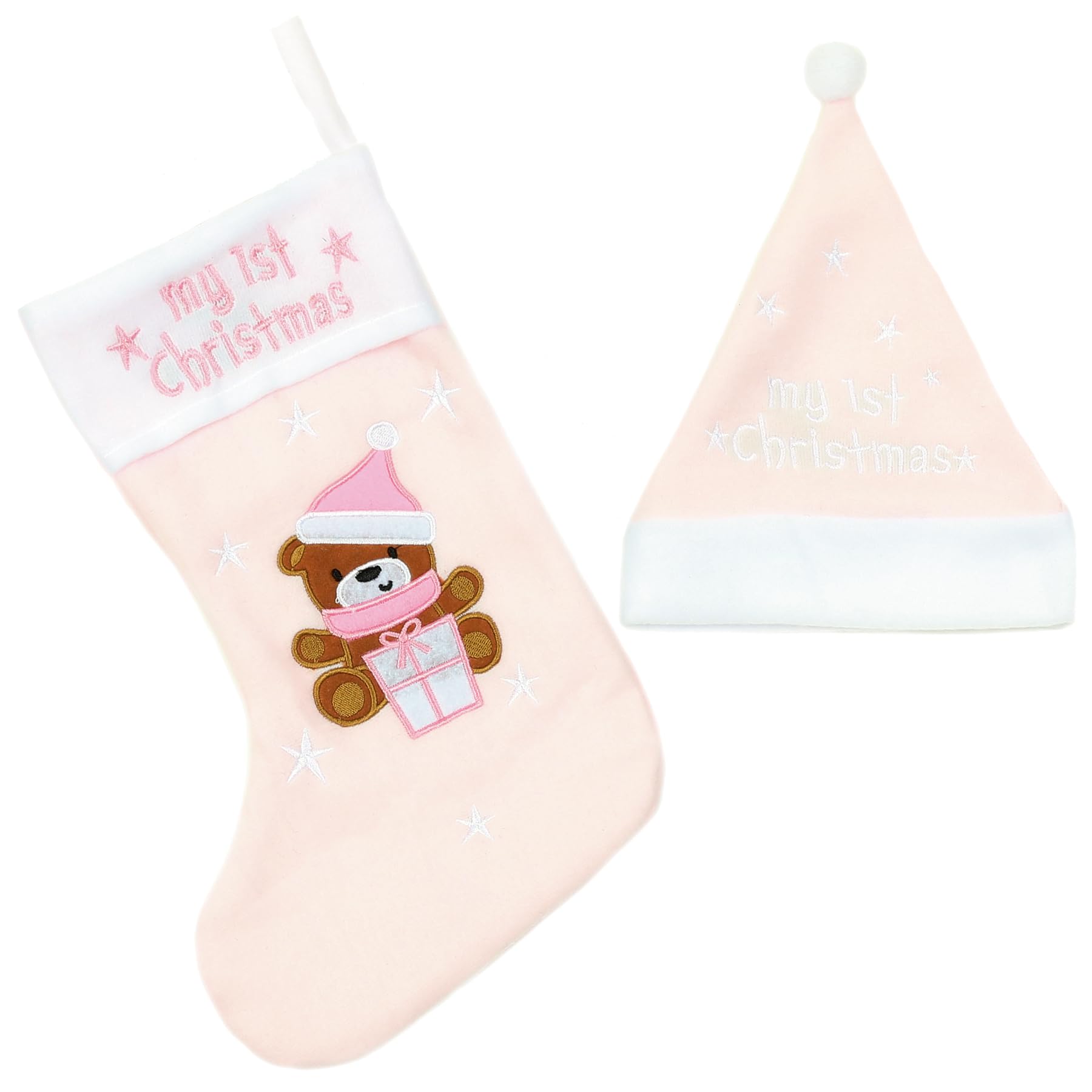 Widdle Gifts Pink My First Christmas Stocking And Hat Set With Embroidered Bear And Stars (Pink)