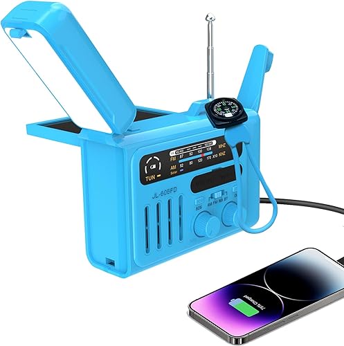 Radio meteorológica de manivela de emergencia, radio de manivela, radio solar AMFMNOAA portátil con linterna, altavoz Bluetooth, alerta SOS para el