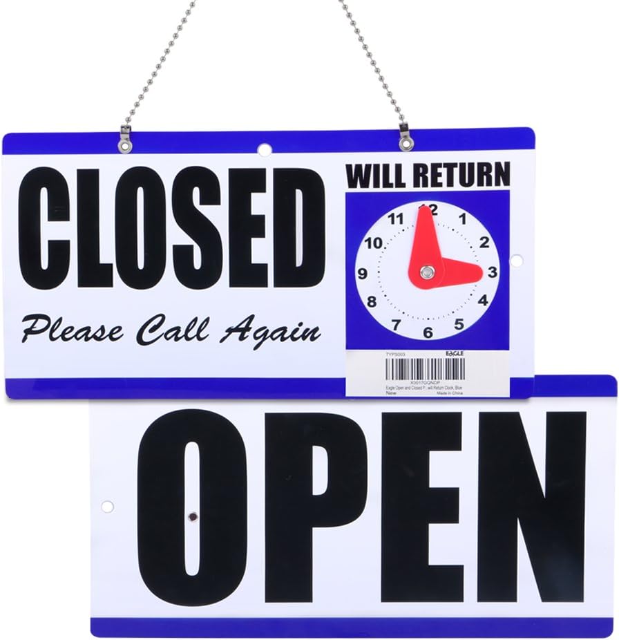 Eagle Open and Closed Sign, Plastic, with Hanging Chain, Dual Sides with “Will Return” Clock, 6X11.5-Inches