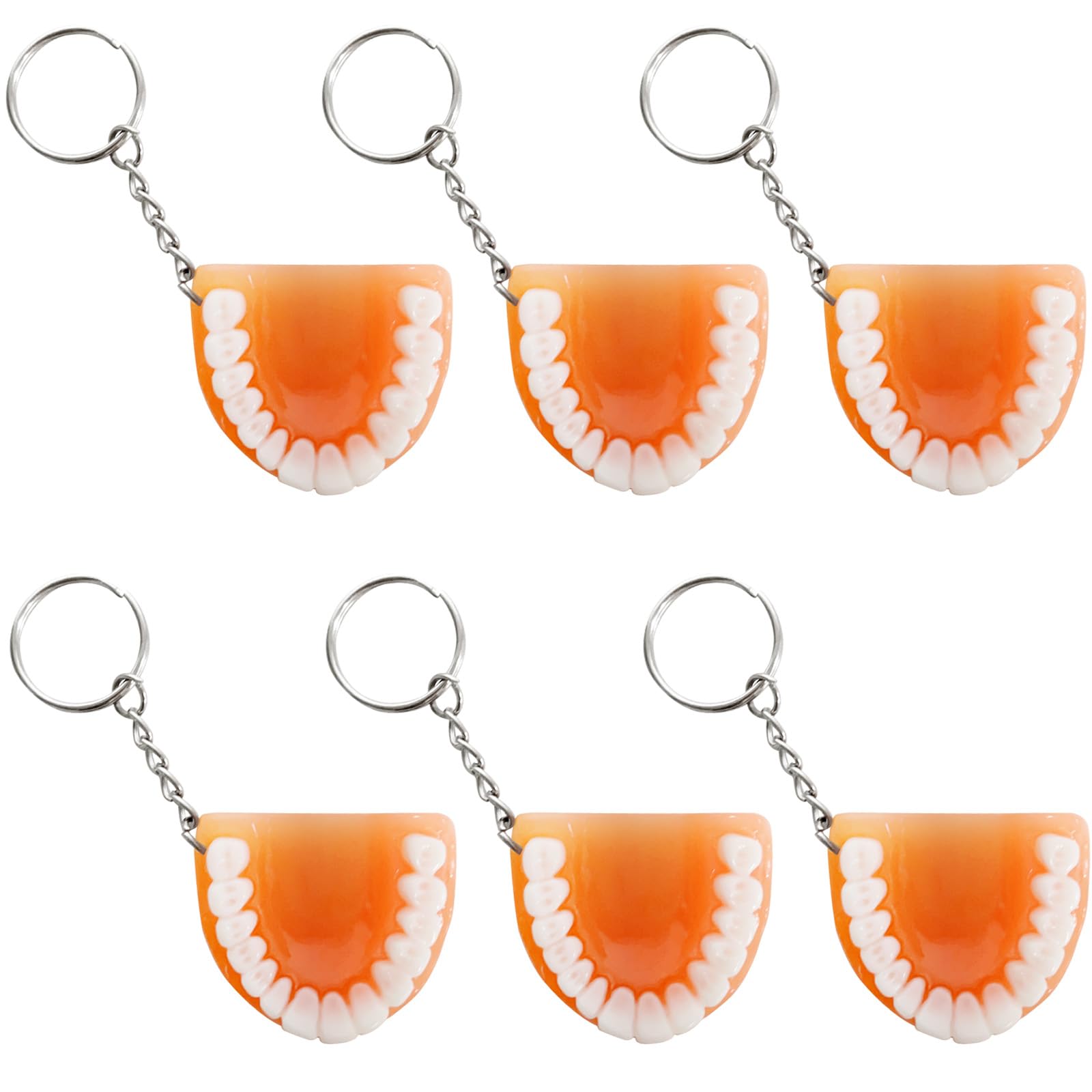 6 Pack Resin Tooth Keychains, 1.8x1.5 Inches Denture Design Hanging Ornament Key Rings, Novelty Gifts Fun Office Supplies, Professional Giveaways,