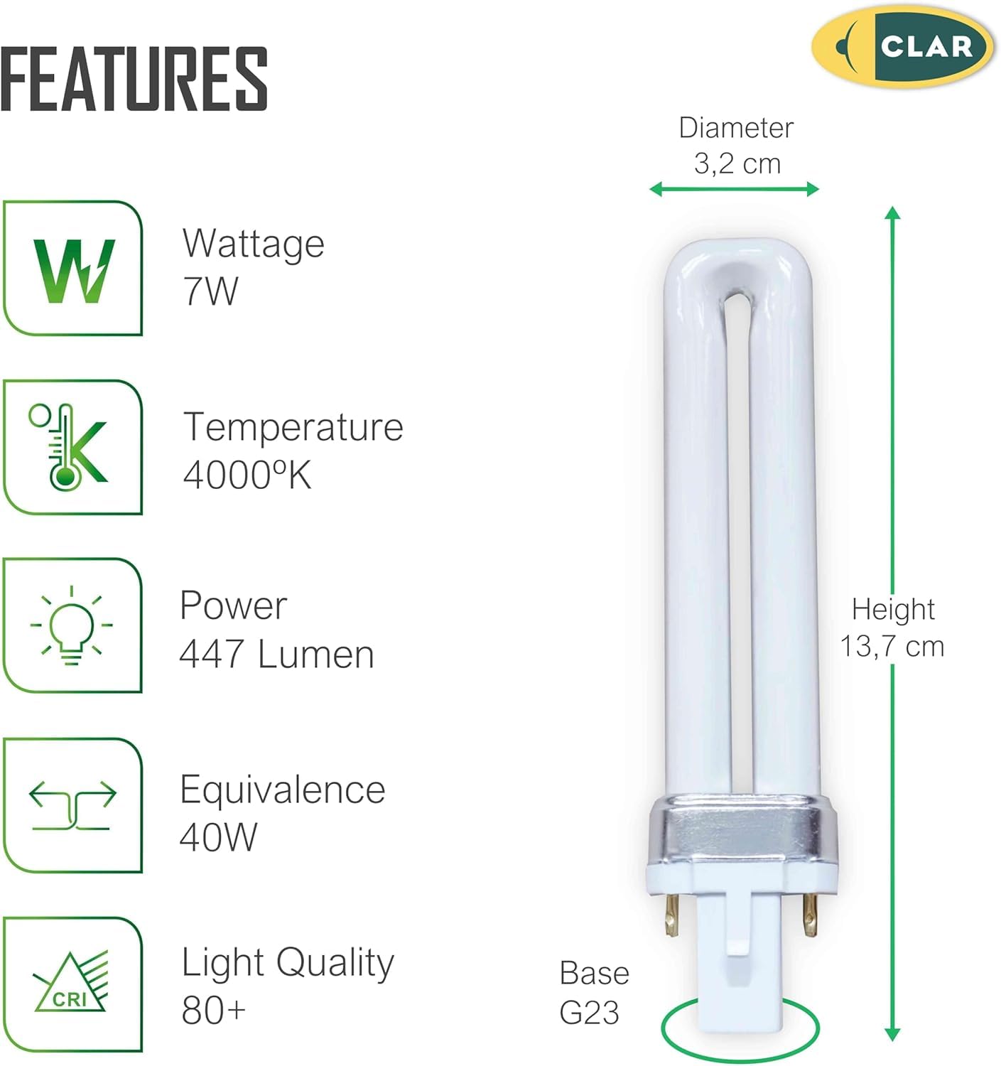 CLAR - Gemini S 7W 4000K G23 Leuchtstoffröhre Neutralweiß Vertikale Kompaktlampe CFL Energiesparend Ersatz (Pack 10)