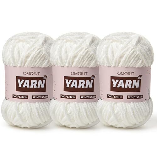 3 Packs Plush Chenille Chunky Crochet Yarn - Baby Yarn for Crocheting Soft - Velvet Yarns Knitting for Blankets Crafts - Fluffy Amigurumi Yarns 150g / 196.8yds (3 Snow White) - 3 Snow White