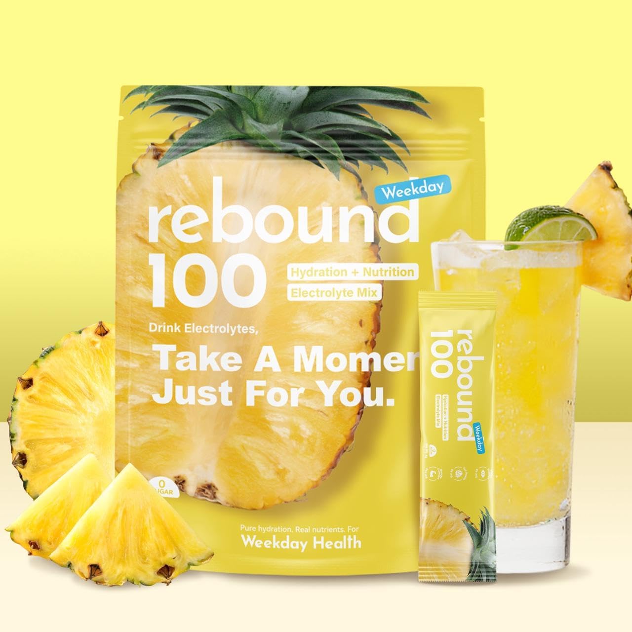 Rebound 100 Electrolyte Powder Packets, Pineapple Hydration Mix with Lutein