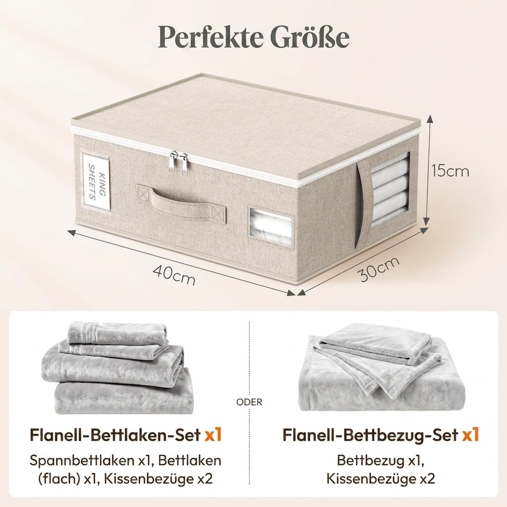 Lifewit 6 Stück Faltbare Aufbewahrungstasche für Bettwäsche, Aufbewahrungsbox mit 2 Sichtfenstern und 1 Etikett, 40 × 30 × 15 cm Organizer für Bettbezüge, Decken (Beige)