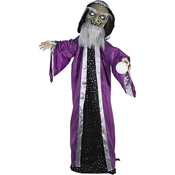 Haunted Hill Farm Talking Fortune Teller Witch Halloween Animatronic with Movement and Light-Up Crystal Ball for Scary Indoor or Covered Outdoor Halloween Decorations, Battery Operated Halloween Props