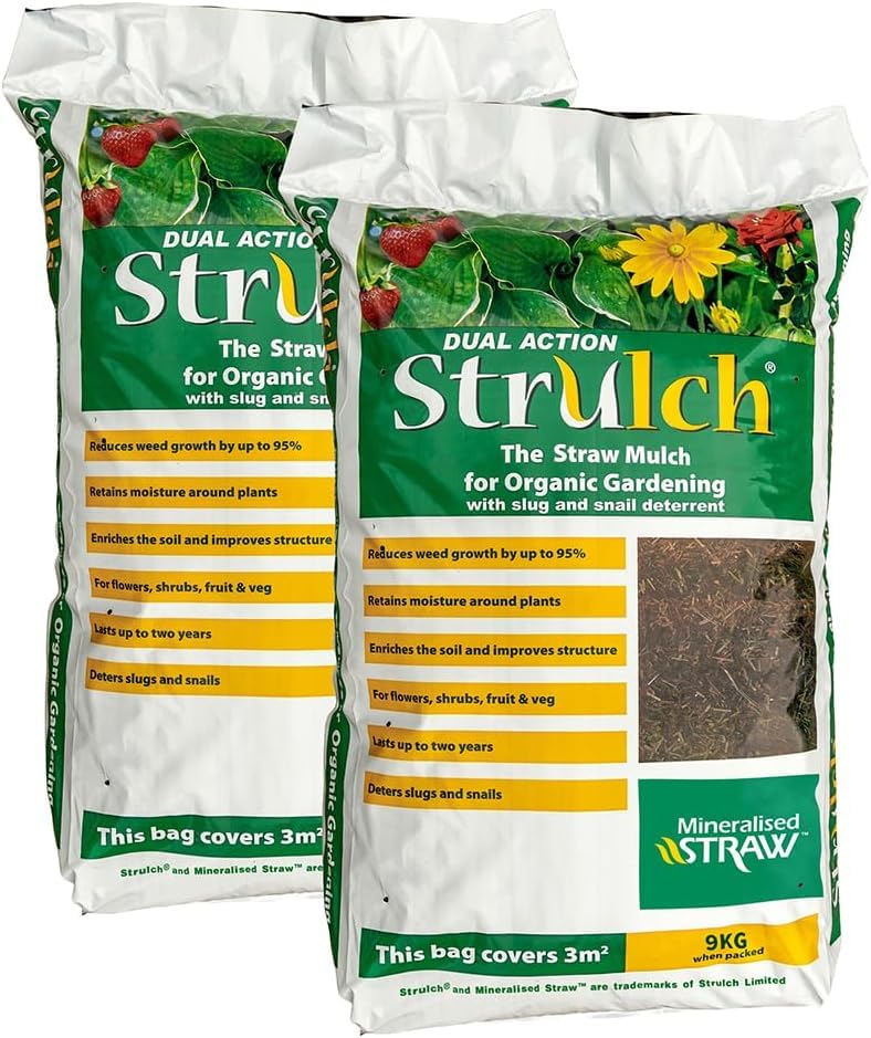 2 x 100 Litre Dual Action Strulch Organic Straw Mulch - Comes in 9kg Bags - Perfect Natural Slug and Snail Deterrent Soil Enricher and Helps Reducing Weed Growth by 95%
