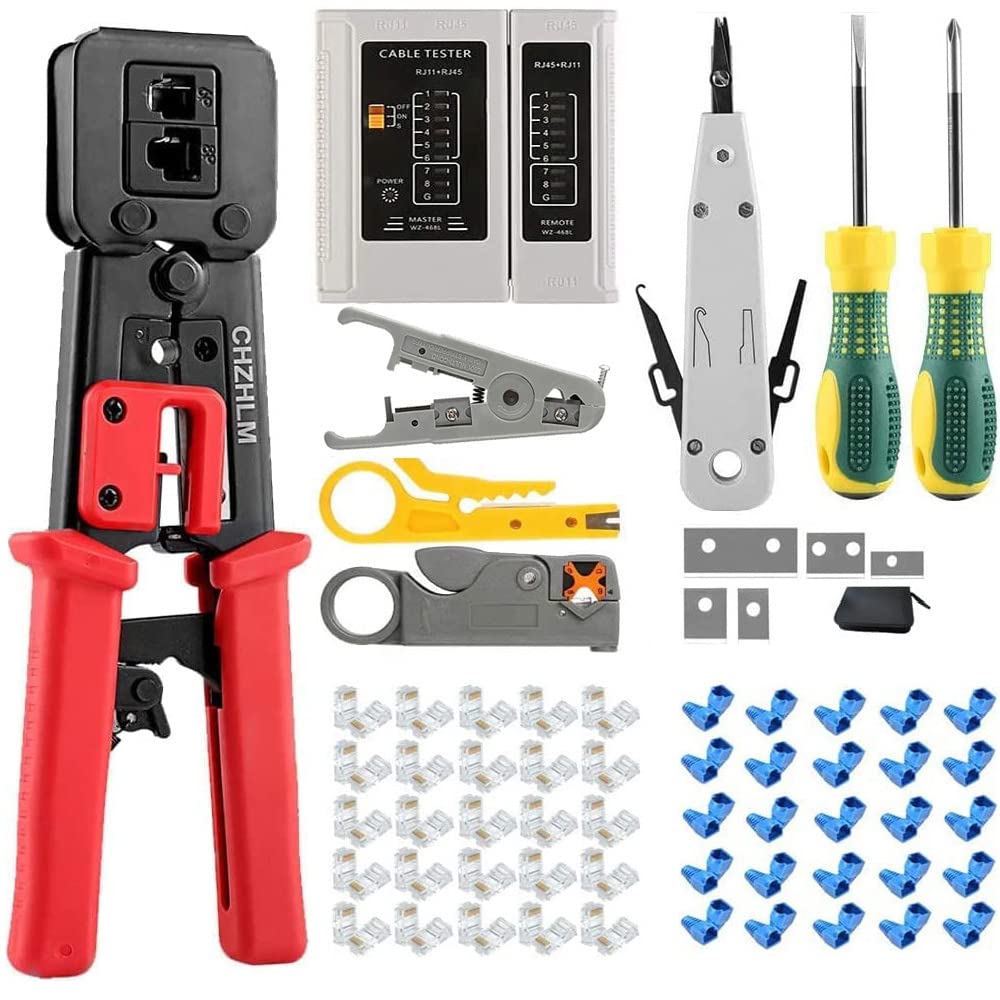 RJ45 Crimp Tool for Pass Through and Legacy Connectors 6P 8P Multi-Function Cable Cutter Cat5e Cat6 Crimping tool Network Wire Stripper with 50pcs Connetors and Covers Knives