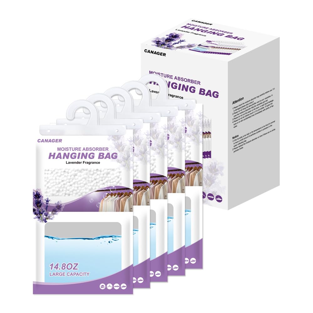 CANAGERHanging Moisture Absorber, Hanging Dehumidifier Bags for Closet,Bedroom and Kitchen, Lavender Vanilla-5 Packs,Moisture Absorb 14.8OZ.