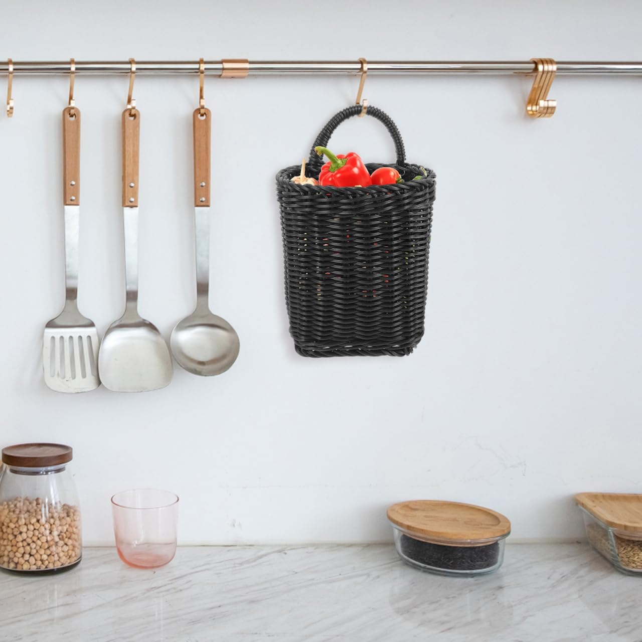 PRETYZOOM Black Plastic Wicker Storage Basket Nordic Style Hanging Organizer with Handle for Kitchen Bathroom Wall-Mount and Tabletop Use 9.05 X 5.91 X 4.72 Inches