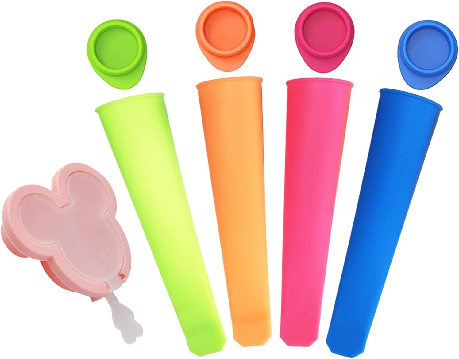 fengling Silicone Popsicle Molds Popsicle Maker - 4 Colored Ice Pop Molds with Lids and a Mickey-Shaped Ice Cream Mold, Reusable Food-Grade Popsicle Molds for Kids