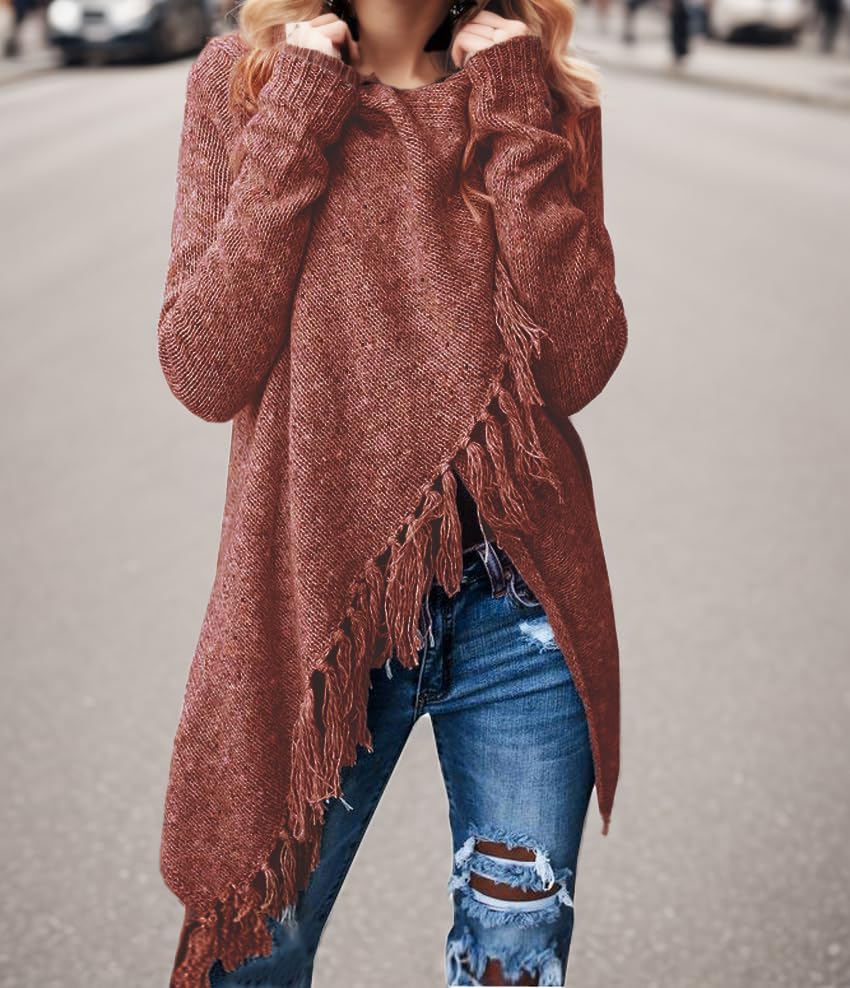 Image of Women's Open Front Knited Tassels Slash Loose Cardigan Crew Neck Speckled Fringe Sweater Outwear