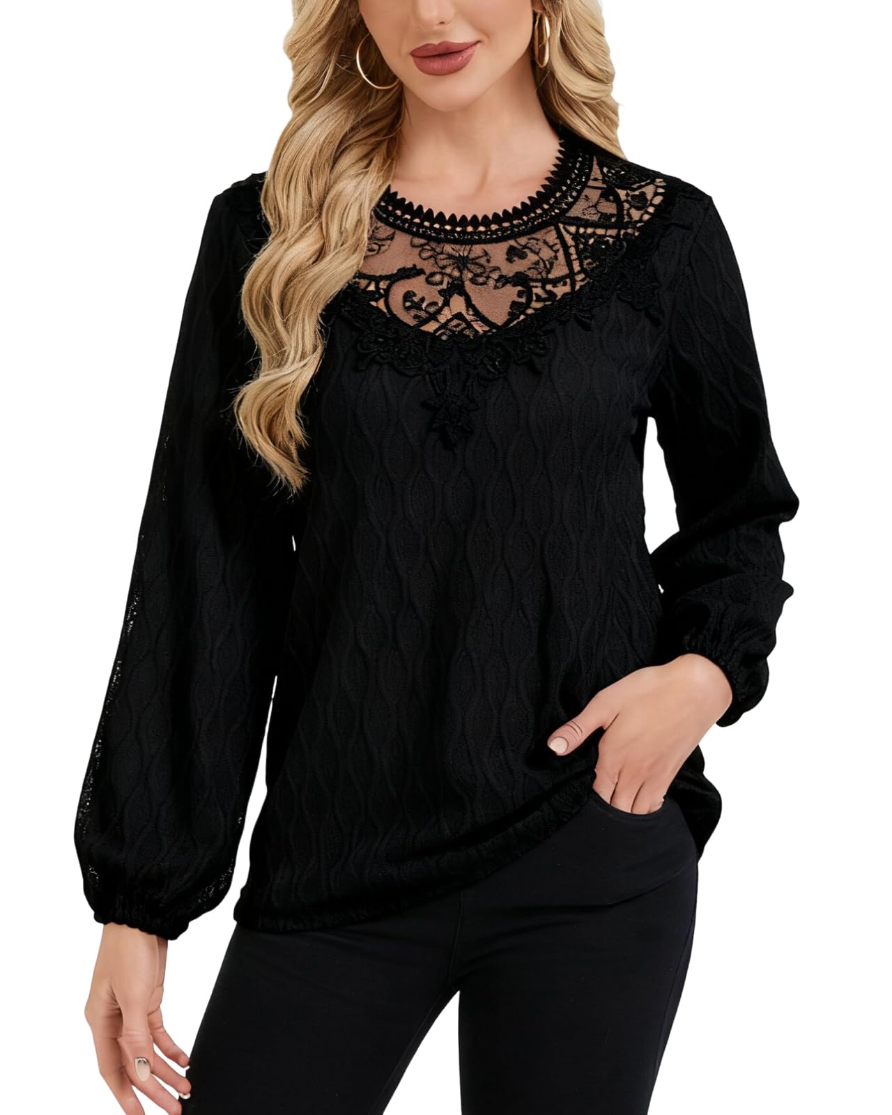 Womens Lace Crew Neck Blouses Plain Rhombus Tops Lantern Long Sleeve Shirts Elegant Elastic Cuffs T-Shirts Spring Autumn