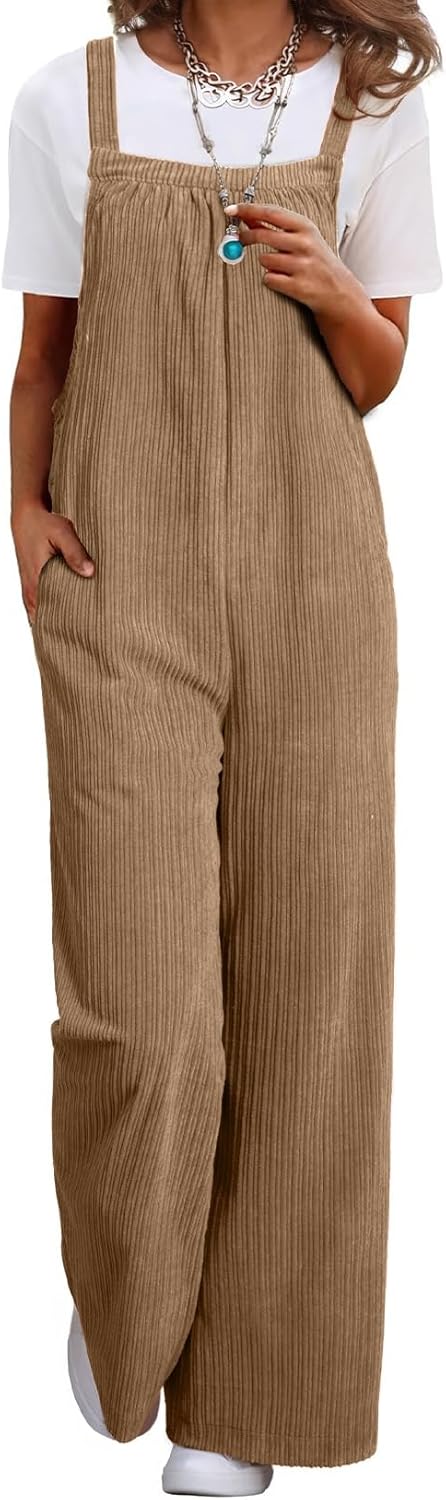 Happy Sailed Womens Corduroy Overalls Winter Fall Casual Sleeveless Adjustable Strap Wide Leg Long Pants Rompers