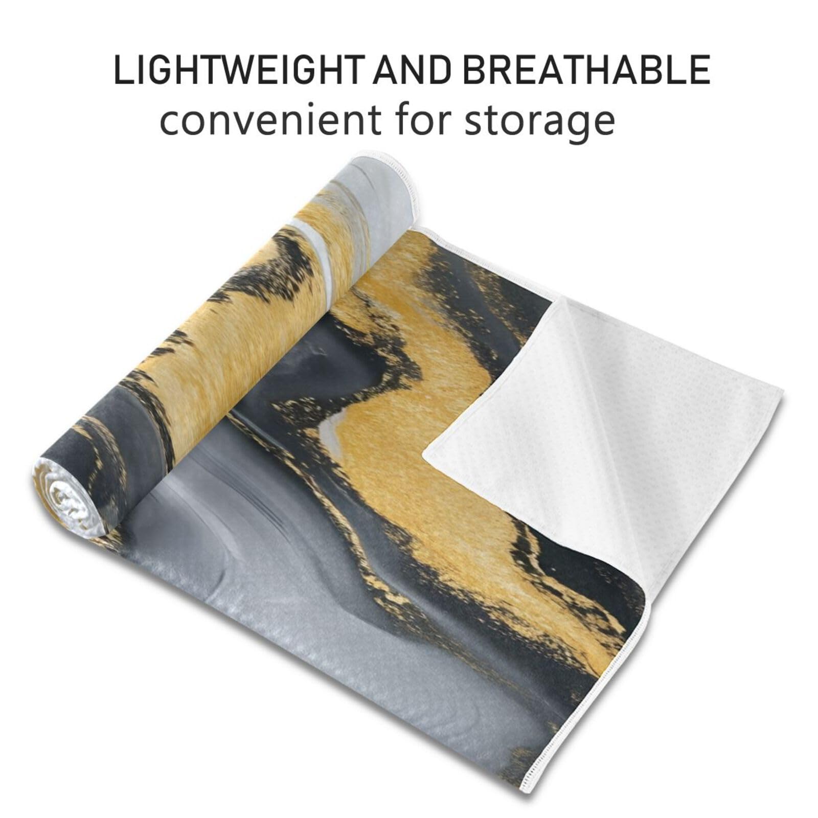 BOESI Yoga Mat Towel, Non-Slip Hot Yoga Towel, Sweat Absorbent and Non-Slip, Lightweight and Easy to Travel, Suitable for Hot Yoga, Pilates and Fitness, Black Gold Marble Pattern