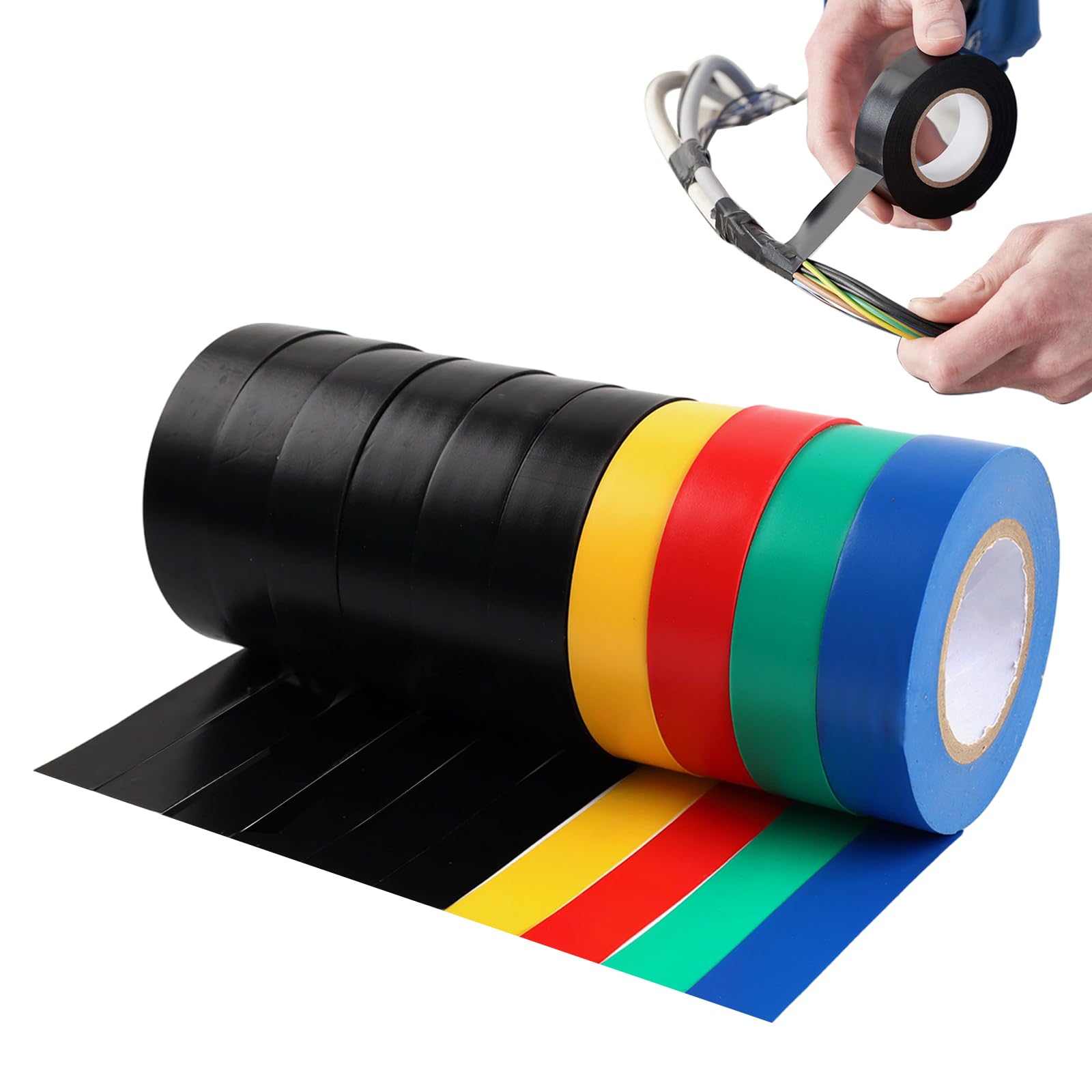 PAppositus 10 Rolls Electrical Tape, 19mm x 20m Multicolor PVC Insulation Tape, Flame Retardant, Strong Adhesive, Electricians Tape for Wiring, Splicing, and Cable Bundling - Indoor/Outdoor Use