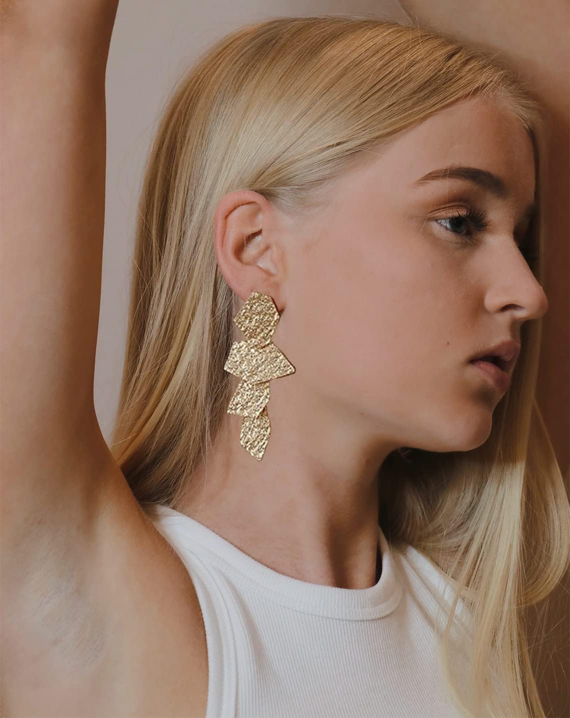 Ginkgo Leaf Flower Earrings, Gold Geometric Statement Earring, Big Fashion Design Boho Drop Dangle Earrings - Image 3