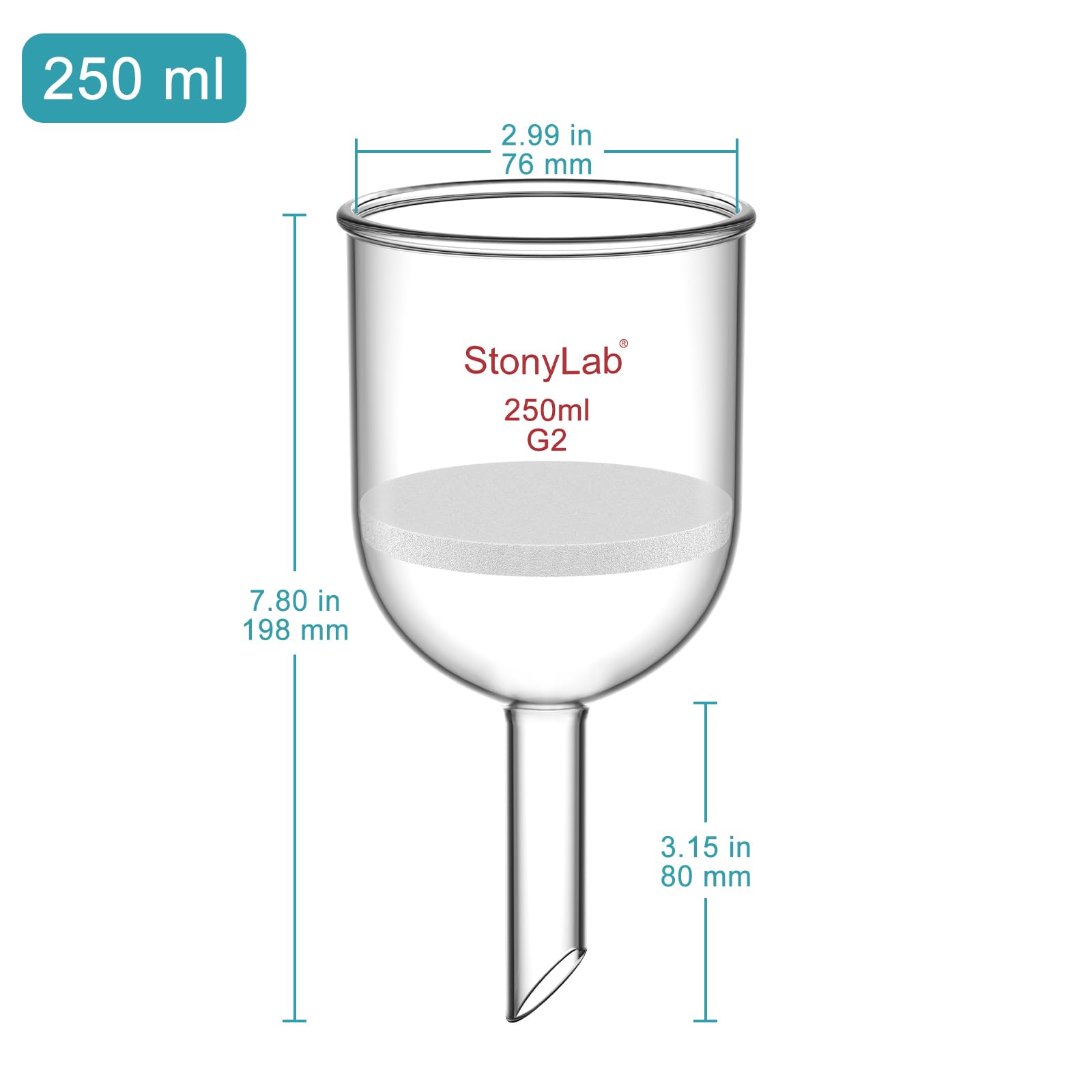 StonyLab Glas Büchnertrichter, Borosilikatglas Buchner Filtertrichter mit mittlerer Fritte(G2), 76mm Scheibendurchmesser, 80mm Tiefe, mit 24/40 Standard Taper Innengelenk - 250ml