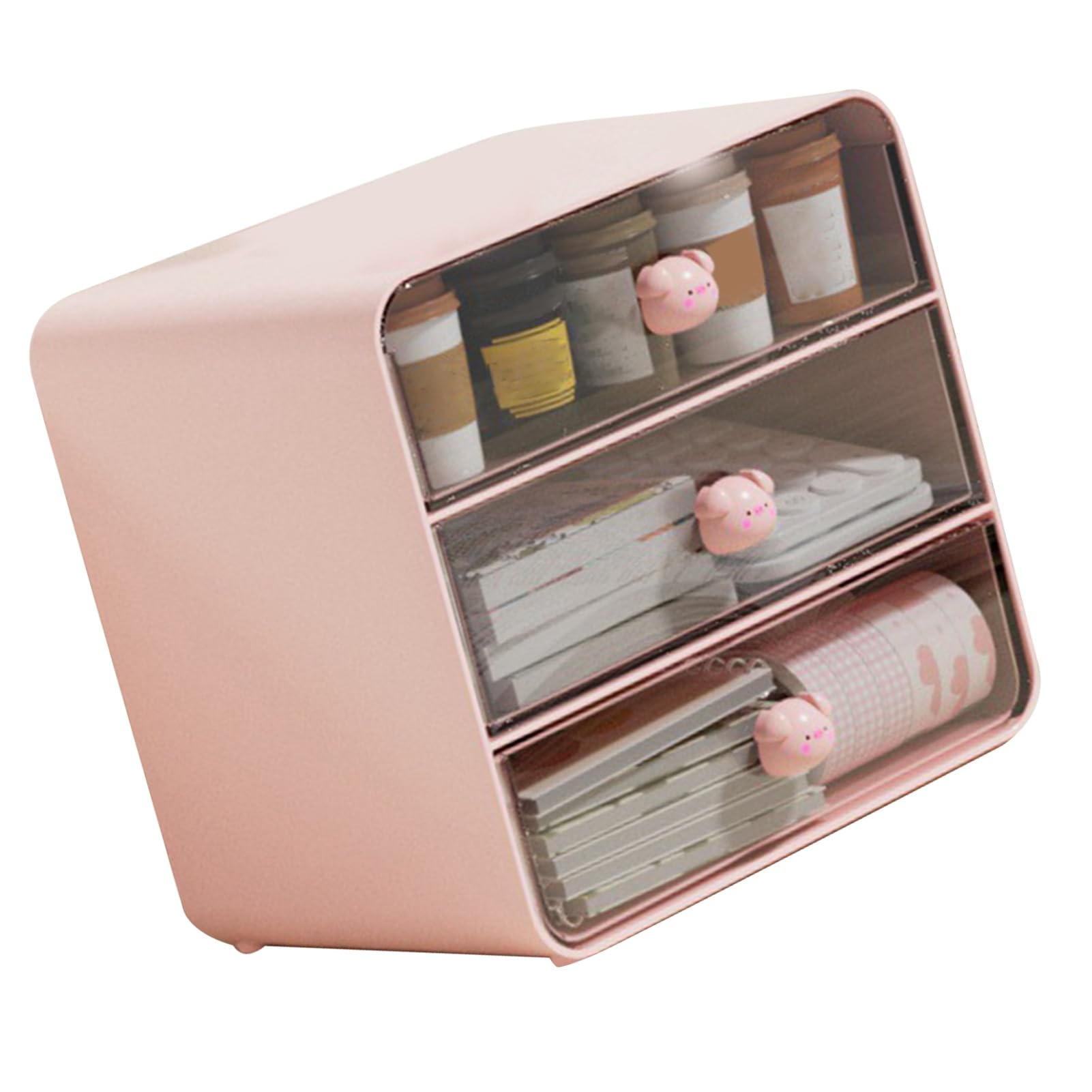 Sonew Organizer da Scrivania con 3 Cassetti, Organizer per Cosmetici in Plastica, Contenitore da Scrivania per Ufficio, Dormitorio, Scuola, Casa (Grande porcellino rosa)
