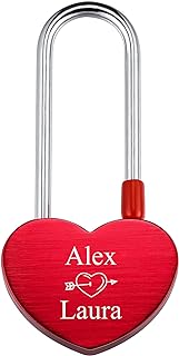 INBLUE Personalized Heart Shaped Love Lock Custom Name Date for Couple Boyfriend Girlfriend Him & Her Love Bridge Aluminum Padlock Valentine Lover Gift Red