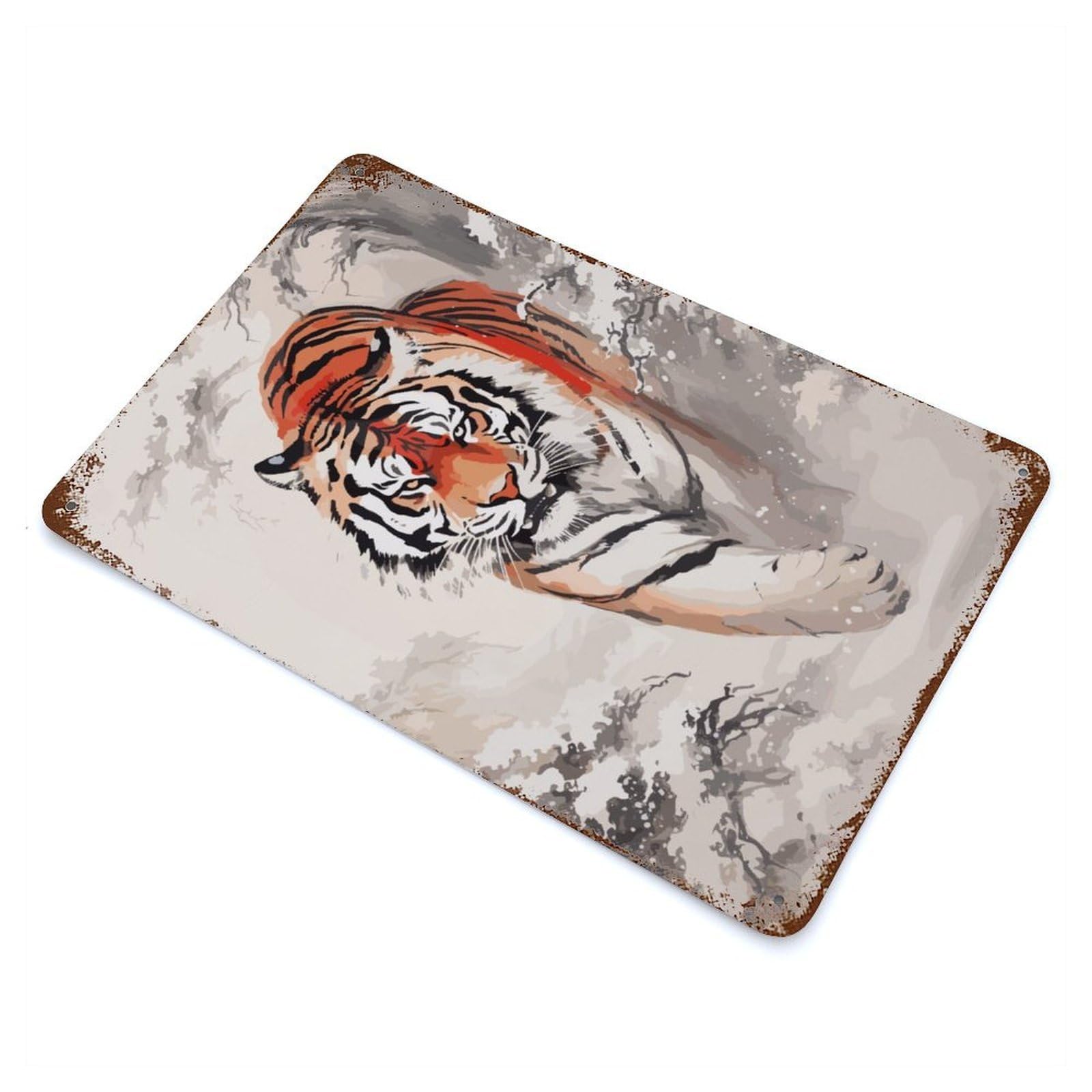 Tiger Japanese Painting Vintage Wall Sign 11.8"x7.9", Rust Effect Metal Decor for Living Room, Hallway And Home Decor