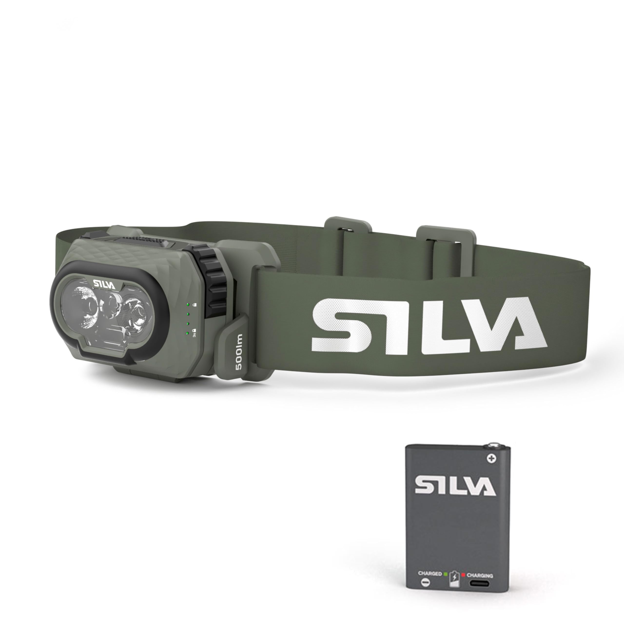 Silva Discover Hybrid, lampada frontale a LED ricaricabile USB C, 500 lumen, luce rossa, 3 livelli di luminosità, bianco, arancione e rosso, lampada frontale ricaricabile