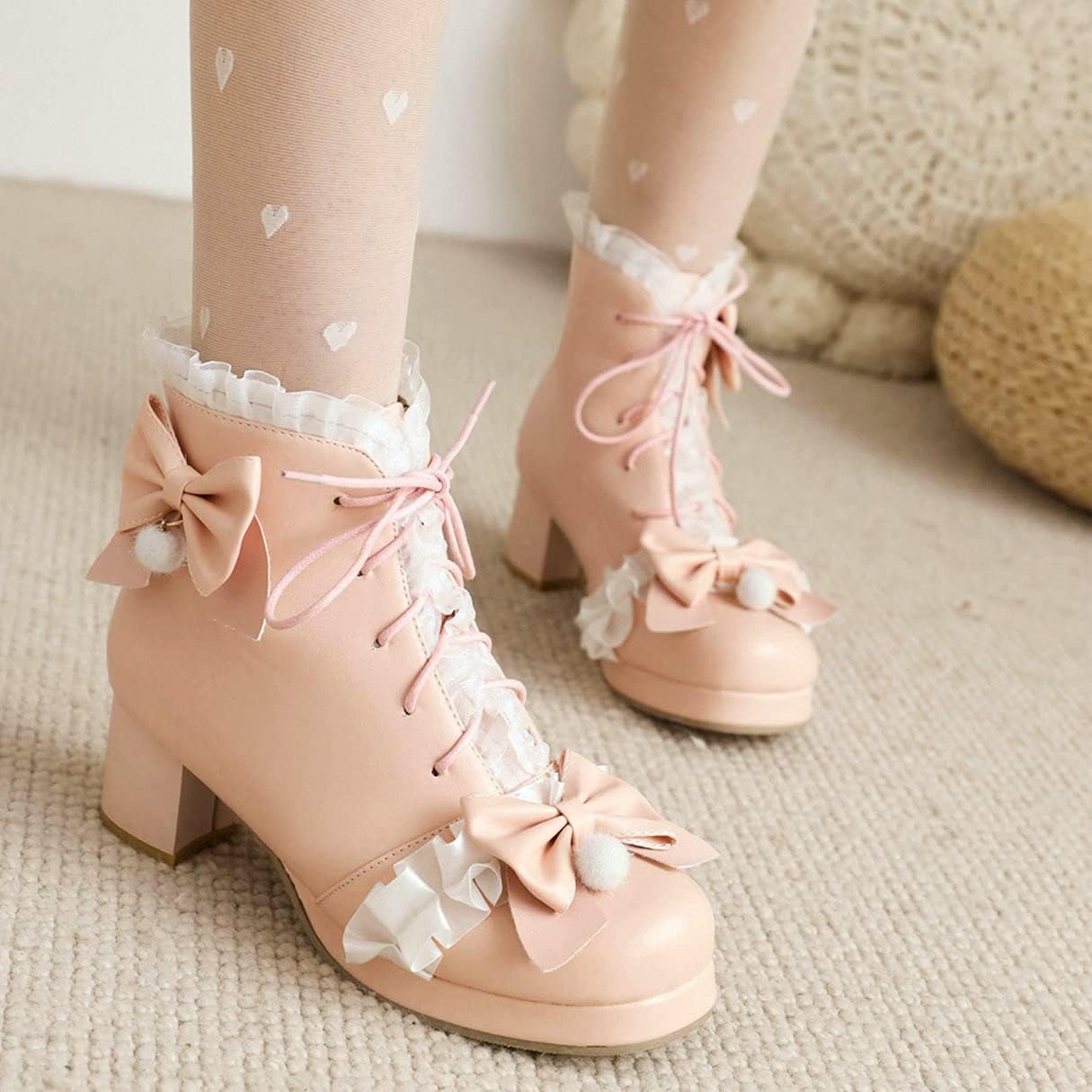 LUXMAX Women Lace Ankle Boots Bow Lolita Cosplay Boots Chunky Heel Platform Lace Up Cute Booties
