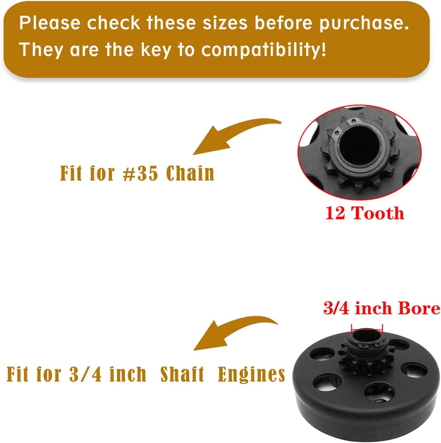 Centrifugal Clutch 3/4" Bore 12 Tooth with #35 Chain for Predator 212, Honda GC GX Engines and Most 2-6.5HP Small Engines performance Parts, Perfect for MiniBike, Go Kart, Lawnmower.