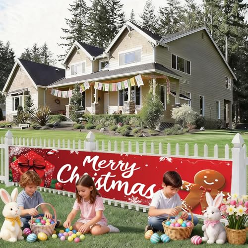 Image of Red Gift Box Christmas Banner 78.7 x 17.7 Inch Gingerbread Candy and Ribbon Bow Design Holiday Backdrop for Home Yard Garden Fence or Indoor Wall Decoration Celebration Display