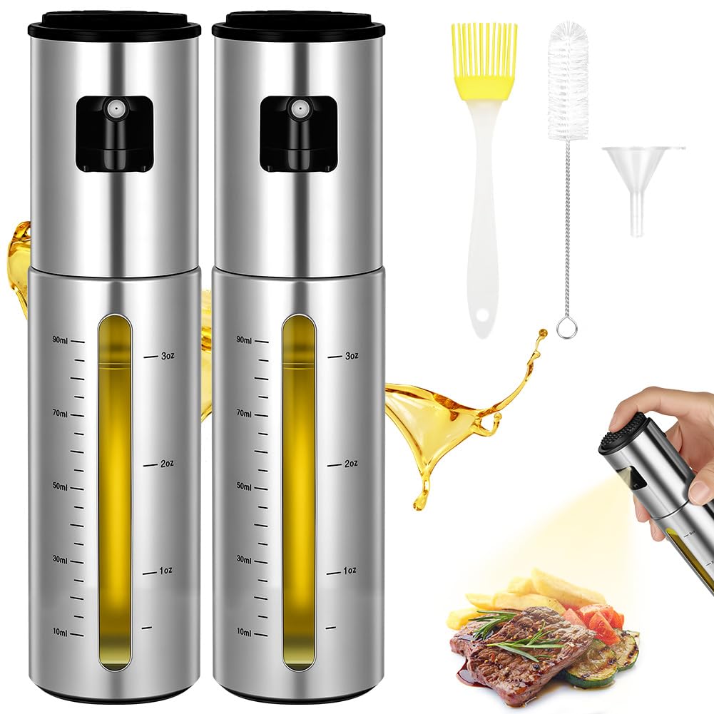 OSDUE Oil Spray Bottle, 2 Pack 100ml Stainless Steel Olive Oil Spray Bottle with Accessories, Leakproof Vinegar Dispenser Bottles for Cooking, BBQ, Salad, Baking, Air Fryer