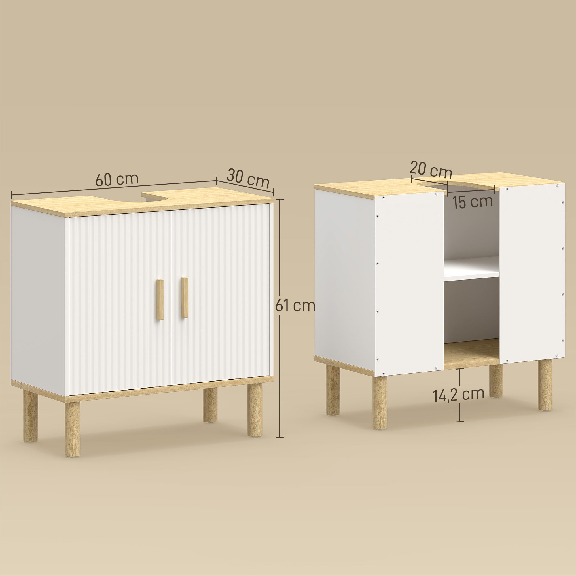 HOMCOM Meuble sous lavabo, Meuble de Salle de Bain avec 2 Portes et étagère réglable, Armoire de Salle de Bains sous lavabo, Style Moderne, 60 x 30 x 61 cm, Blanc
