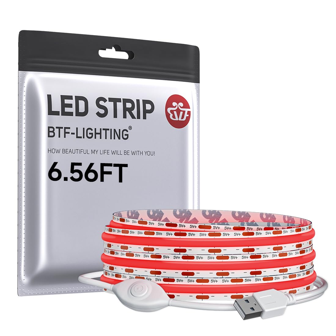 BTF-LIGHTING FCOB COB LED Strip Lights 5V USB Powered Red Color for TV