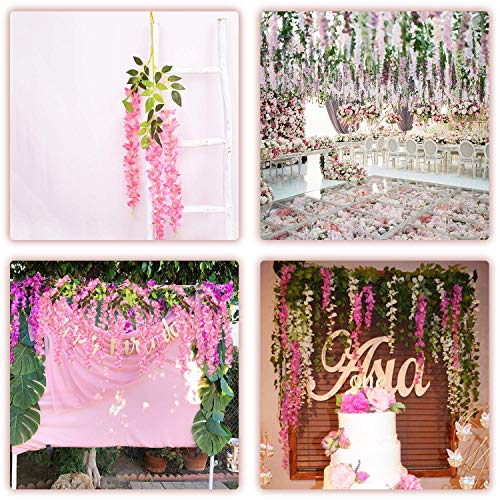 Image of Tia Crafts Polyester Artificial Hanging Flowers For Ceiling Balcony | Pink Wisteria Vine | Home Party Decor Garden Outdoor Greenery Office Wall Decoration | Waterproof Washable - Pack Of 12(Pink, 12)