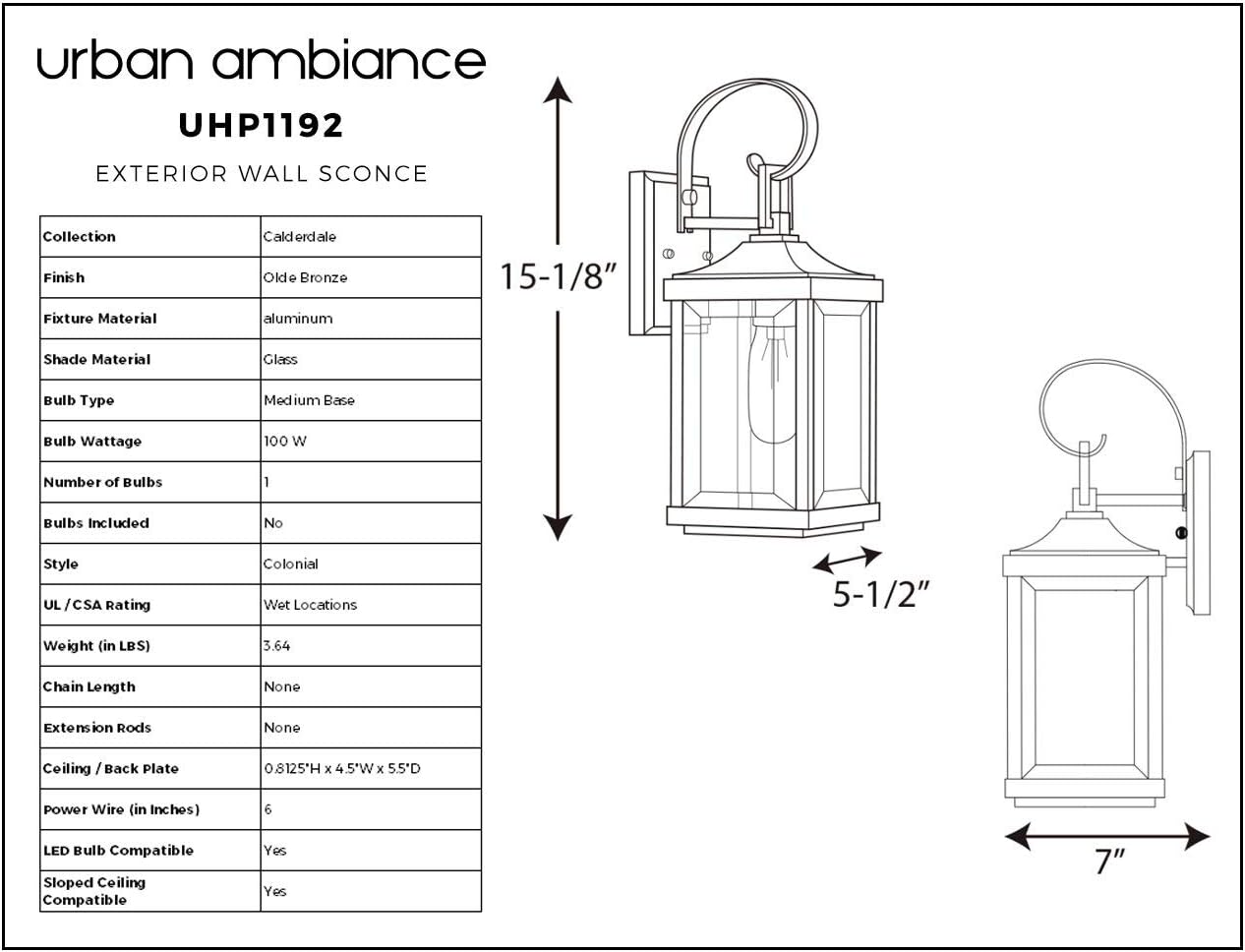Urban Ambiance Luxury Colonial Outdoor Wall Light, Small Size: 15-1/8" x 5-1/2", with Farmhouse Style Elements, Olde Bronze Finish, UHP1192, Calderdale Collection