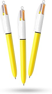 BIC - Paquete de 3 bolígrafos de sol de 4 colores, retráctiles, diseño de barril de color amarillo, bolígrafo multicolor con cuatro tintas vibrantes surtidas, bolígrafos multicolores, todo en uno para