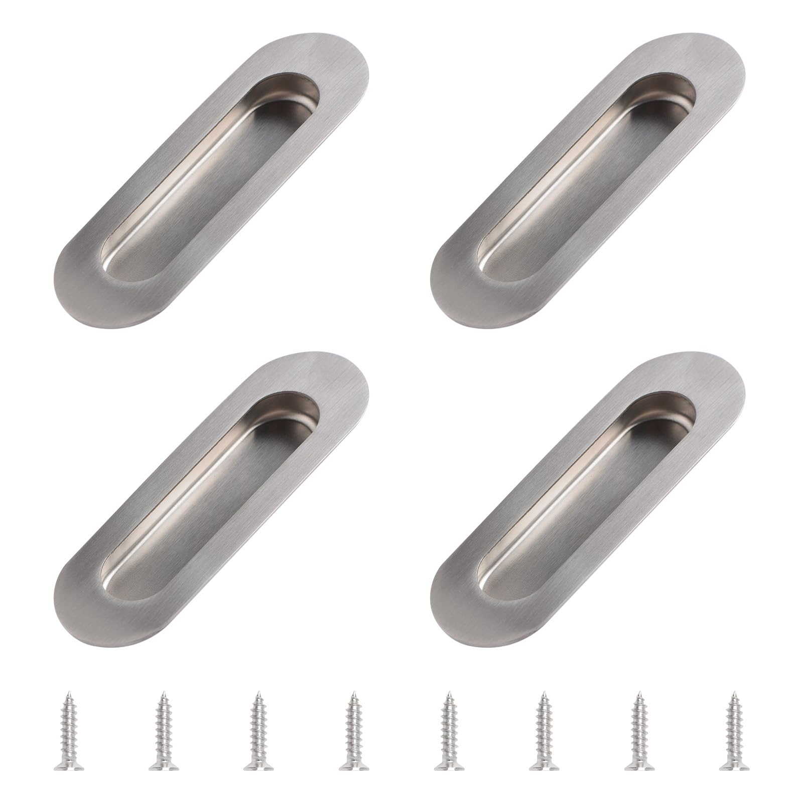 MOROBOR Stainless Steel Side Hole Flush Pull, 4Pcs Oval Embedded Sliding Door Handle Recessed Finger Pulls with Hidden Screws for Drawer Cupboard Wardrobe/Brushed Silver