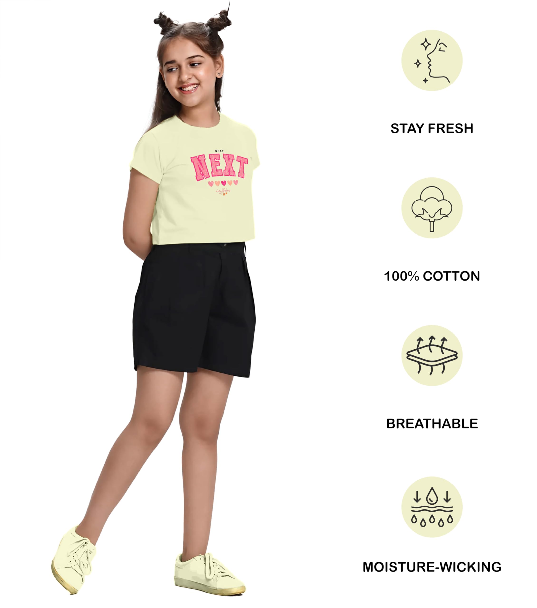 KYDA KIDS® Top corto per ragazze, 100% cotone, elegante maglietta a mezza manica stampata, vestibilità regolare per ragazze, confezione da 2