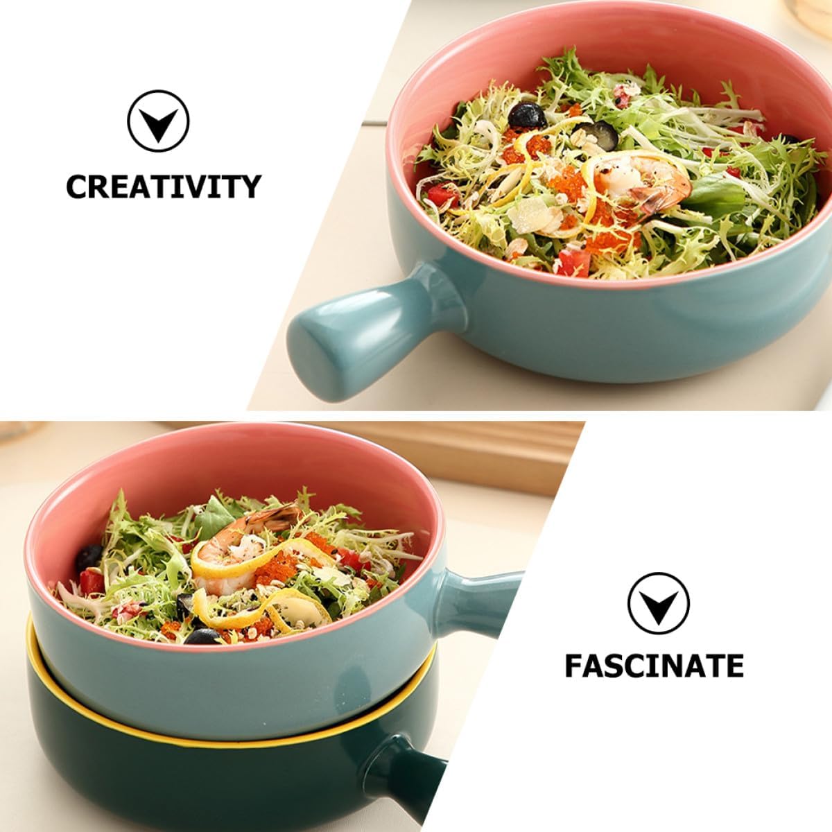 ARTIBETTER Ceramic Salad Bowl with Handle, Light Blue and White Multi-function Ramen and Rice Bowl for Kitchen and Daily Use image 3
